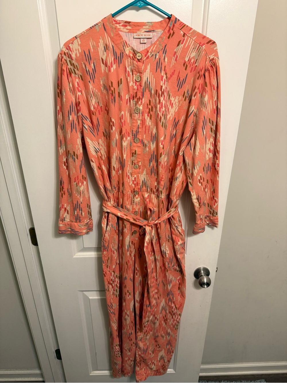 Knox Rose Coral Ikat Button-Front Long Sleeve Jumpsuit